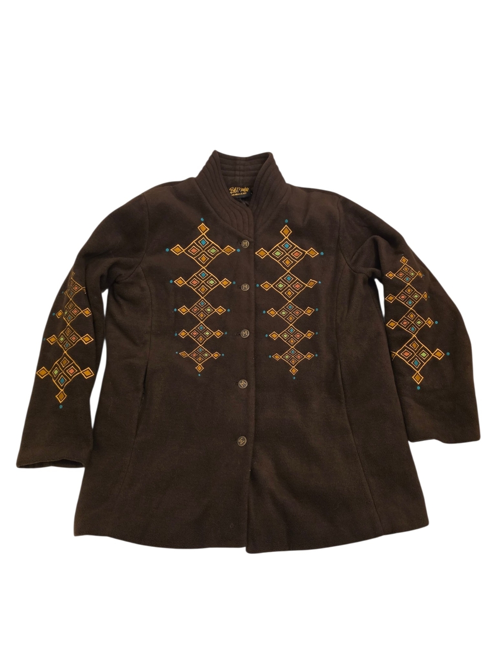 Bob Mackie Embroidered Button-Front Coat  Fleece Jacket Womens Southwestern